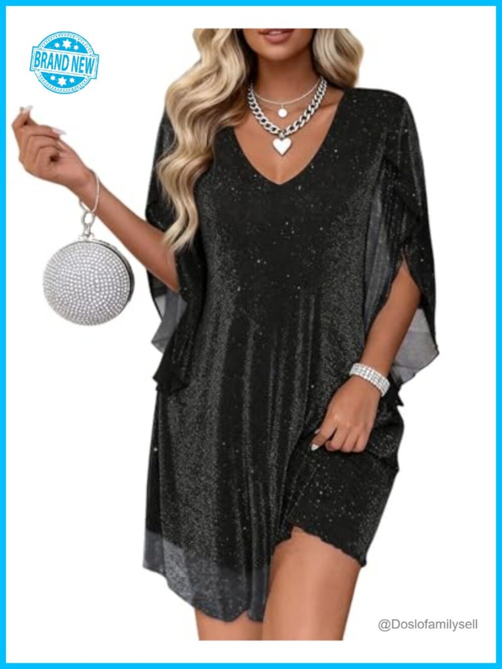 Sparkly Chiffon Cocktail Dress Flutter Sleeve Party Wedding Guest